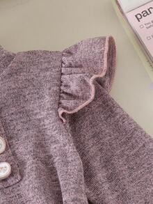 2pcs Baby Girl Soft Comfortable Half-High Neck Ruffle Edge Button Decor Long Sleeve A-Line Dress With Detachable Waist Tie, Spring/Autumn - Mauve Purple - View 6