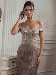 Gaun Maxi FEELAIR Baru yang Elegan dengan Tali Bahu Tebal, Hiasan Berlian Imitasi Buatan Tangan, dan Rumbai, Cocok untuk Tamu Pernikahan, Pesta Liburan, dan Gaun Malam Formal Wanita - Aprikot - View 3
