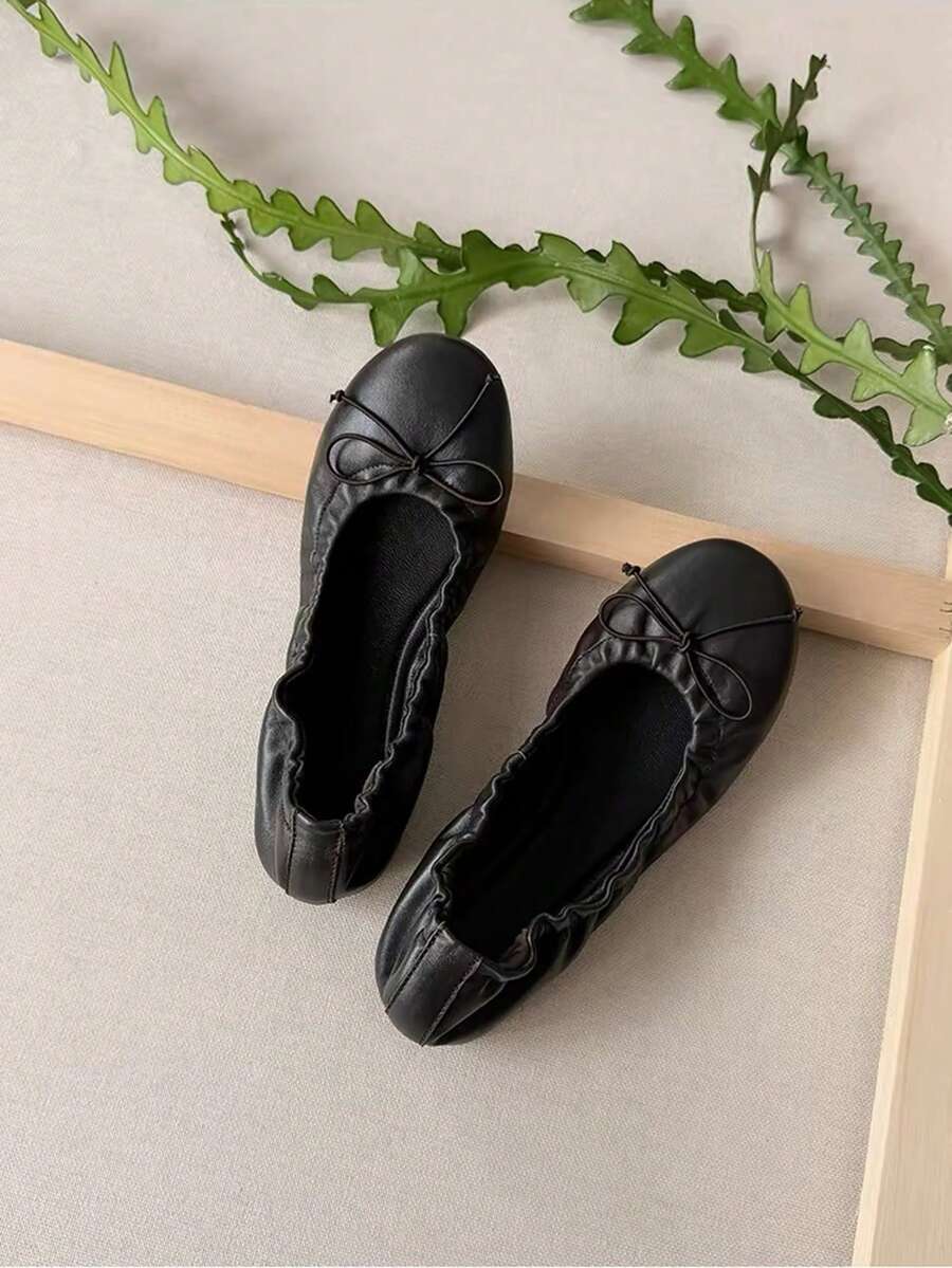 1 Pair Women's Black Bow Soft Sole Ballet Shoes With Ruched Lace Trim, Slip-On Loafers, Fashion Commuter Flat Shoes - Black - View 1