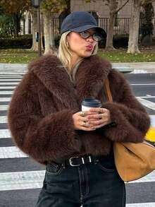 Women's Fashion Long Sleeve Faux Fur Coat, Regular Length Brown Open Front Warm Jacket, Suitable For Autumn/Winter Wear - Brown - View 8