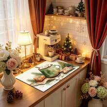 1pc Christmas Series Watercolor Hot Cocoa & Gingerbread Man Pattern Coffee Bar Mat, Drainage Mat, Coffee Machine Soft Bottom Diatomaceous Earth Drainage Mat, Soft Rubber Drainage Mat, Super Absorbent Wear-Resistant Dish Drying Mat, For Countertop Restaurant Kitchen Table Mat, Patio Dining Table Decor, Home Kitchen Supplies, Countertop Decor Mat - Multicolor - View 4