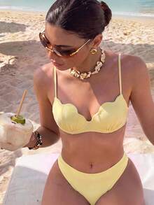 Women's Yellow Shell-Shaped Cup Bikini Set With Spaghetti Strap, Back Tie Swimwear, Suitable For Beach Vacation Summer - Yellow - View 5