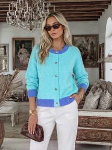 NiceArt Contrast Color Knit Cardigan, Winter Vintage Casual Light Lake Blue Patchwork Loose Drop Shoulder Long Sleeve Soft Fluffy Sweater Jacket, Autumn Outfit, Halloween - Blue - View 1