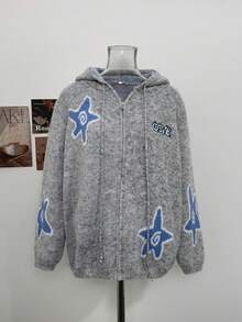 Women's American Retro Loose Fit Hooded Star Pattern Slouchy Cardigan Sweater Jacket, Casual Autumn/Winter Top - Grey - View 6