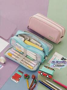 1pc Large 3-Compartment Pencil Case, Multi-Function Double Zipper Stationery Storage Bag, Desktop Organizer, Creative Makeup Bag, Back To School Student Supplies, Educational Gift - Single Piece - View 6