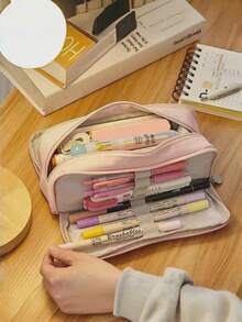 1pc Large 3-Compartment Pencil Case, Multi-Function Double Zipper Stationery Storage Bag, Desktop Organizer, Creative Makeup Bag, Back To School Student Supplies, Educational Gift - Single Piece - View 11