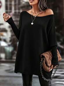 Plus Size Women's Black Off Shoulder Batwing Sleeve Knit Sweater Long Ribbed Tie Detail Autumn/Winter Warm Top - Black - View 3
