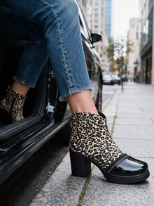 Autumn/Winter New Black Leather Ankle Boots For Women, Leopard Print Rhinestone Decor, Chunky High Heel, Side Zipper, Slimming, Daily Commute - Black - View 5