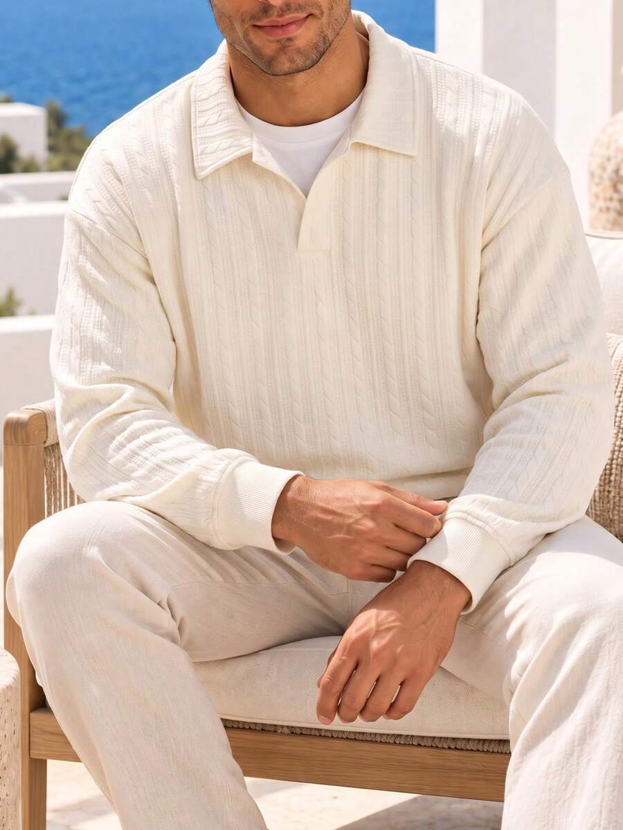 1pc Apricot Cable Knit Textured Men's Sweatshirt, Collared 2 In 1 Loose Long Sleeve Sweatshirt, Soft Skin-Friendly Knit Fabric, Minimalist Textured Vacation Style, Machine Washable And Dry Cleanable, Suitable For Beach Travel, Short Trips And Daily Wear - Apricot - View 1