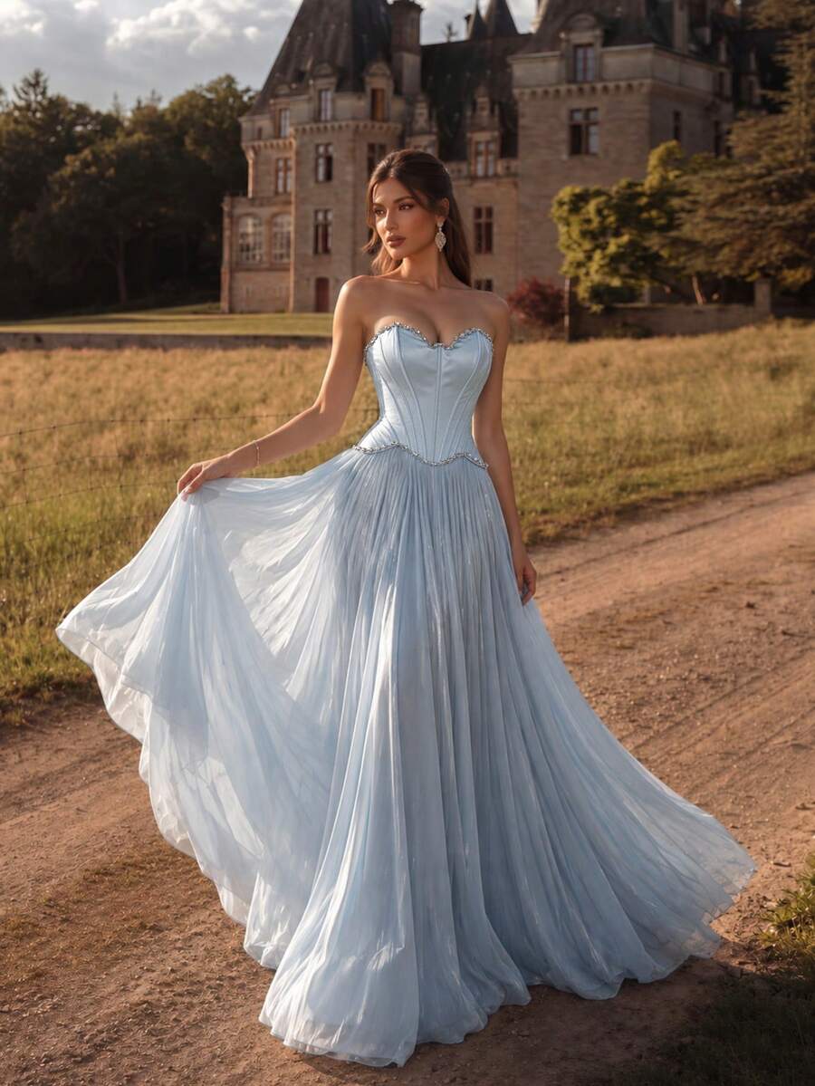Women's Spring/Summer Flowy Light Blue Strapless Heavy Beaded Structured Long Evening Gown - Fluid Shiny Chiffon Formal Evening Dress Fall Wedding - Baby Blue - View 1