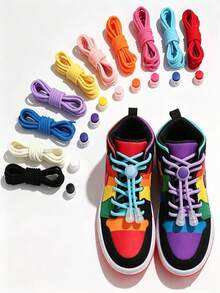 QKC 1 Pair Colorful Spring Lock Shoelaces, No-Tie, No-Buckle Innovative Design - Round Rope Design, Highly Elastic, Vibrant Colors, Suitable For All Ages And Genders, With Buckle - Multicolor - View 1