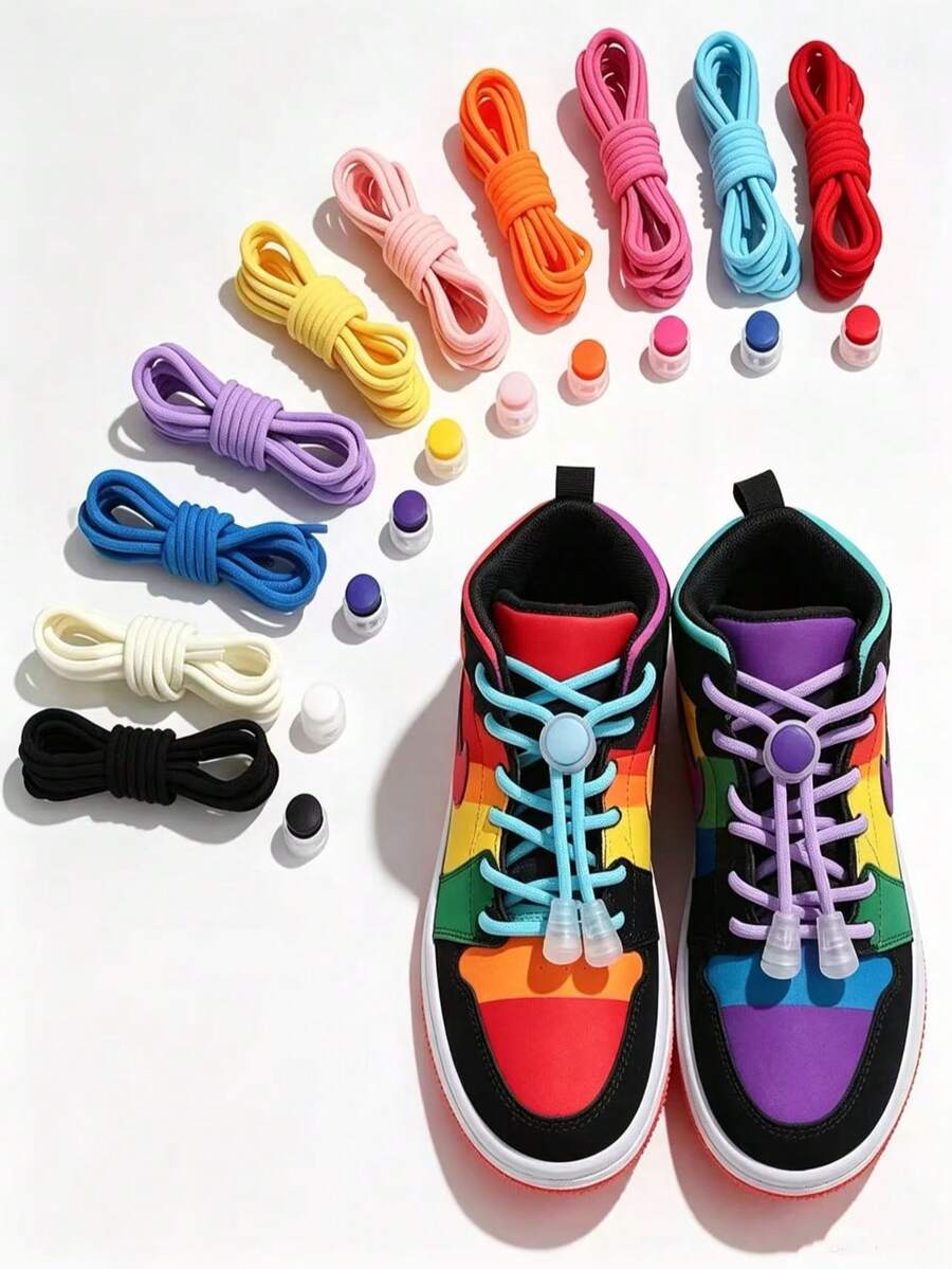 QKC 1 Pair Colorful Spring Lock Shoelaces, No-Tie, No-Buckle Innovative Design - Round Rope Design, Highly Elastic, Vibrant Colors, Suitable For All Ages And Genders, With Buckle - Multicolor - View 1
