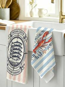 2pcs Kitchen Absorbent Towels, Made Of Polyester Material, Lobster And Fish Pattern Print, Suitable For Kitchen, Bathroom, Ideal Choice For Housewives And Family Gatherings, High Cost-Effective Home Supplies, Great Room Decoration - Multicolor - View 6