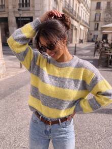 Women's Fuzzy Striped Knit Sweater, Round Neck Long Sleeve Soft Stretchy Contrast Color Pullover, Casual Elegant Street Style Fall Winter Top - Gray and Yellow Group - View 7