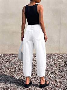Women's Loose Fit Vintage Blue Barrel Jeans, Casual Daily Commute Wear, Classic Style, Comfortable And Versatile, Perfect For A - White - View 3