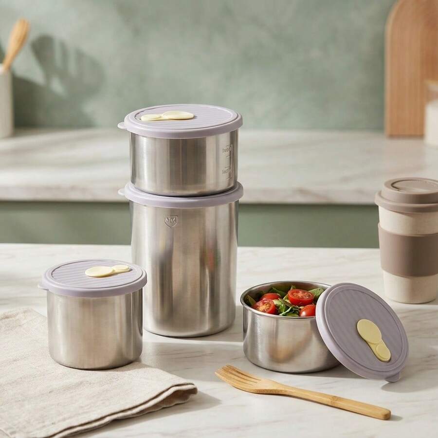 304 Stainless Steel Food Container, Stackable Refrigerator Sealed Fresh-Keeping Box, Fruit And Vegetable Meat Storage Box With Lid, Large Capacity Food Preservation Box, Suitable For Kitchen Food Storage And Organization - Multicolor - View 1