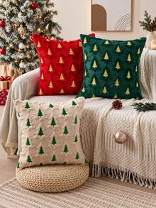 Christmas Beige Double Christmas Tree Pattern Pillowcase, Soft Plush Faux Fur Material, Suitable For Christmas, Winter Holidays, Home, Bedroom And Sofa Use Christmas Decorative Pillowcase - Beige - View 4