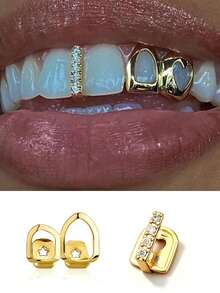 2PCS Gold Grills For Your Teeth Grillz For Women Teeth Men Gold Tooth Cap Grillz Hip Hop Outfits Punk Rapper Custom Accessory Halloween Party - Multicolor - View 1