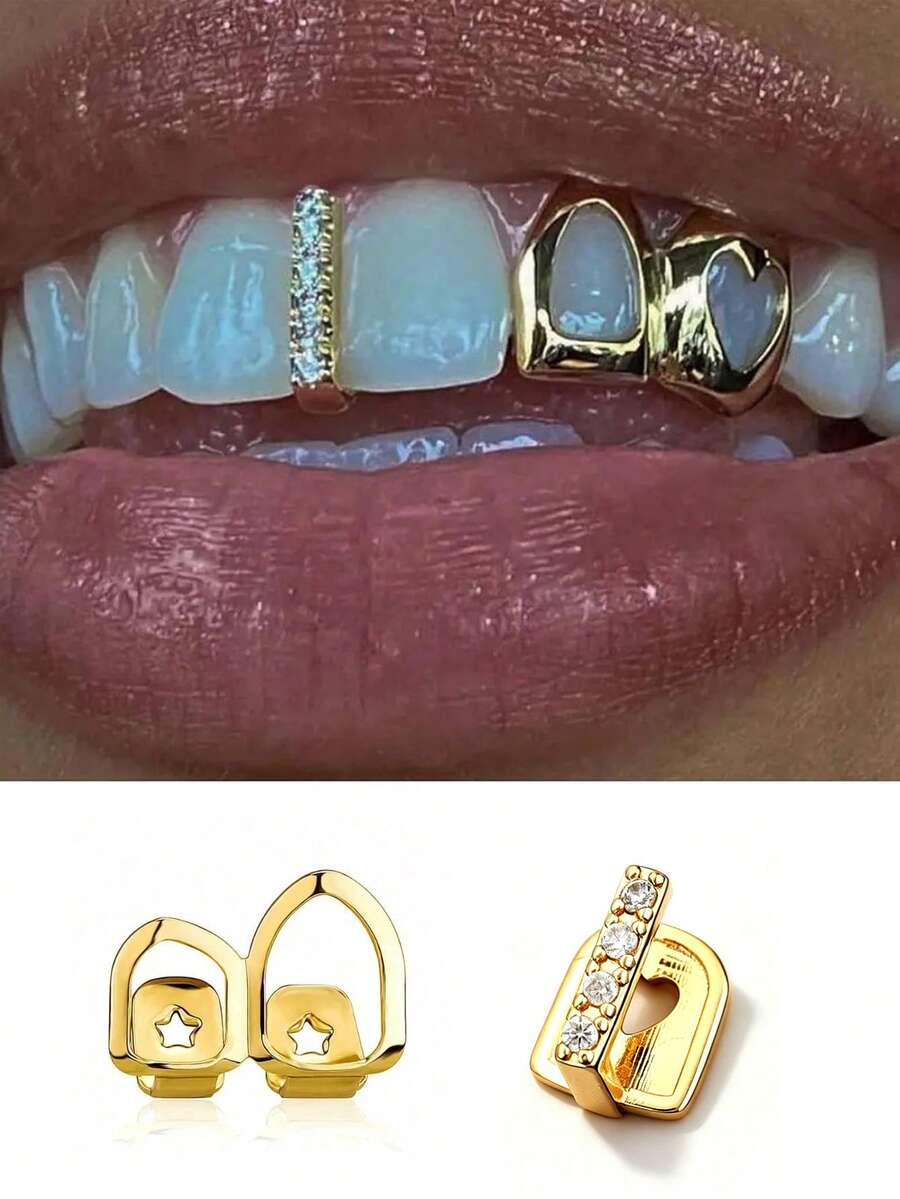 2PCS Gold Grills For Your Teeth Grillz For Women Teeth Men Gold Tooth Cap Grillz Hip Hop Outfits Punk Rapper Custom Accessory Halloween Party - Multicolor - View 1