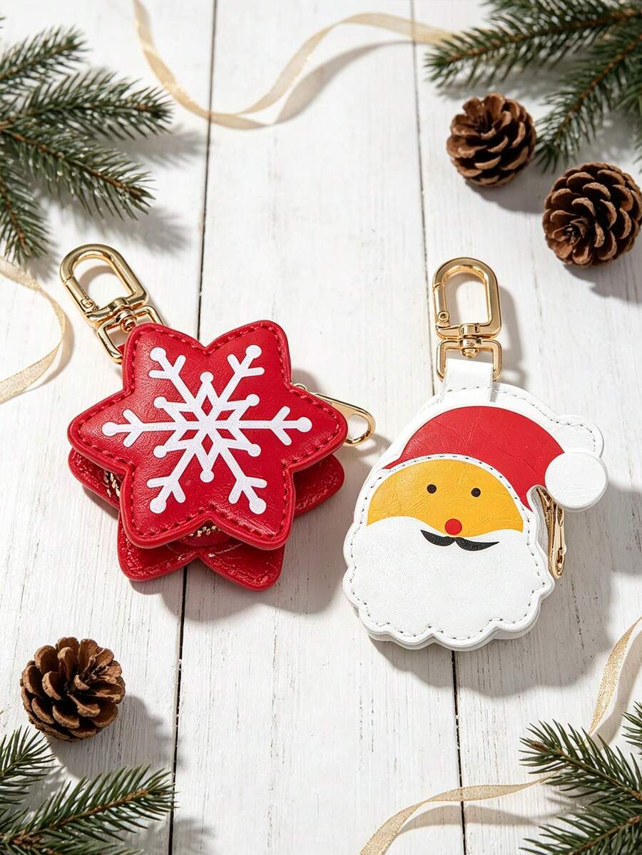 CHARM INFINITE Christmas Mini Keychain Pouch, Cute Santa Claus & Snowflake Pattern Faux Leather Zipper Coin Purse, Portable Mini Storage Bag Key Holder, Christmas Holiday Decoration Gift For Women & Girls