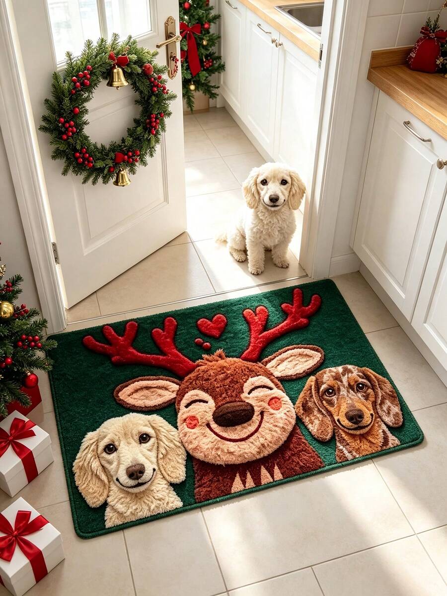 1pc Deer & Dog Doormat, Welcome Mat, Small Rug, Carpet, Floor Mat, Outdoor Doormat, Kitchen Rug, Home Decor, Front Door Mat, Area Rug, Outdoor Mat, Home Decoration - Multicolor - View 1