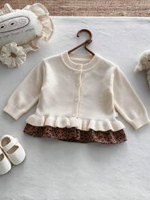 Baby Girl Korean Style Autumn Fashion Gentle Ruffle Knit Cardigan, Vintage Autumn Outfit Brown Leopard Print Patchwork Long Sleeve Jacket For Outings - Apricot - View 8