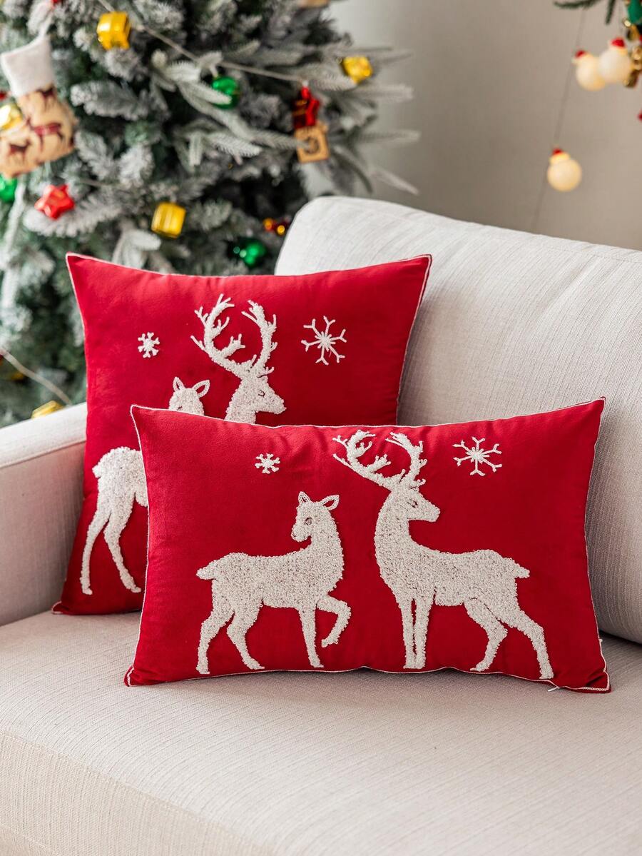 1pc 3D Embroidered Velvet Deer & Tree Pillow Case, Without Pillow Insert, Christmas Theme, All Season Decorative Cushion Cover, Suitable For Living Room, Bedroom, Machine Washable