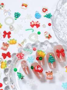 Dekorasi Seni Kuku Natal Campuran Lonceng Santa Claus Rusa Kutub Pohon Natal Hijau Pita Merah Besar yang Berlebihan Aksesoris DIY - MultiWarna - View 5