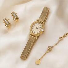 1pc Women's Vintage Gold Metal Mesh Strap Quartz Watch, Elegant Oval Digital Dial Wristwatch, Suitable For Daily Wear - Gold - View 3