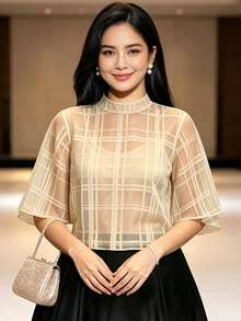 現代菲律賓風女式上衣 1件 素色休閒上衣，適合度假、假日、日常、約會、夏季穿著 - 香檳色 - 查看 1
