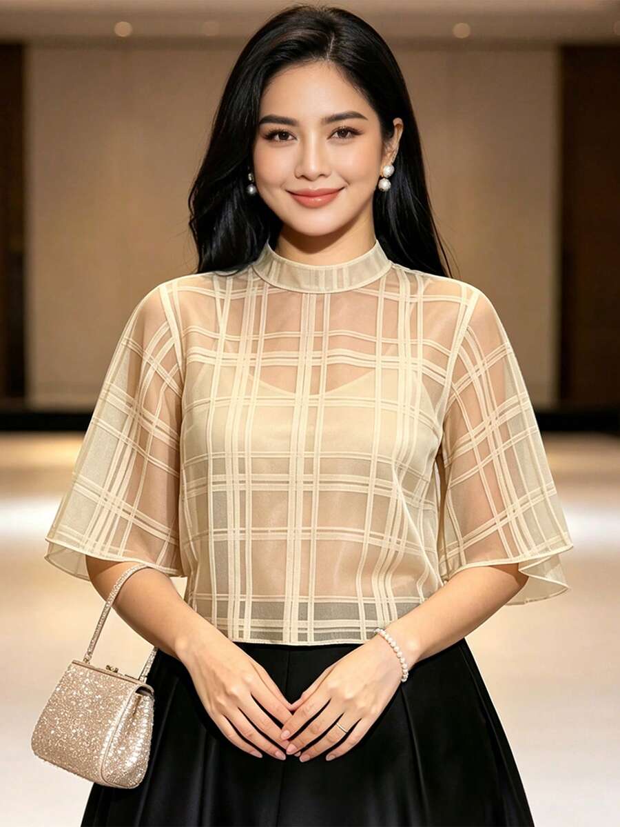 現代菲律賓風女式上衣 1件 素色休閒上衣,適合度假、假日、日常、約會、夏季穿著 - 香檳色 - 查看 1