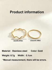 2pcs Stainless Steel Plain Thin Ring Set, Niche Design, Premium Feel, Stackable Pinky Rings For Women - Gold - View 2