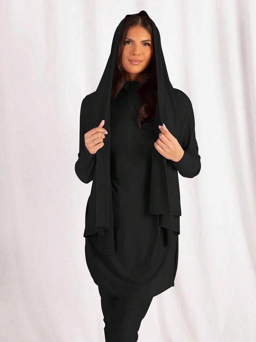 1pc Muslim Women Quick Dry Sports Hijab Plain Bathing Hijab For Veiled Women Solid Long Rectangular Scarf Snap Button Design 160*55CM - Black - View 1