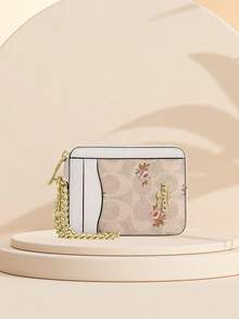 Coach 經典帆布花卉印花拉鍊卡夾，金屬鍊條腕帶女用錢包，可愛手提包零錢袋 - 沙色 - 查看 7