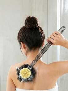 1pc Stylish Diamond Textured Double Sided Bath Brush, Long Handle & Soft Bristle Detail, Exfoliating Back Scrub & Massage Function, Back Bath Body Brush, For Home Bathroom Daily Shower Use, Bathroom Essentials For Body Skincare - Multicolor - View 3