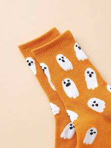 1/3/5/7 Pasang Kaos Kaki Wanita Motif Hantu Lucu Setinggi Betis, Halloween - Kuning - View 2