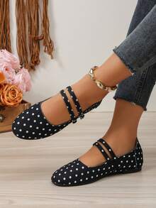 Women's Black Flat Mary Jane Shoes, Spring/Autumn New Style, Versatile Low-Top Buckle Strap Polka Dot Ballet Flats - Black - View 4
