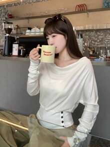 Solid Color Cowl Neck Fitted Long Sleeve T-Shirt Women's Innerwear Top - White - View 3