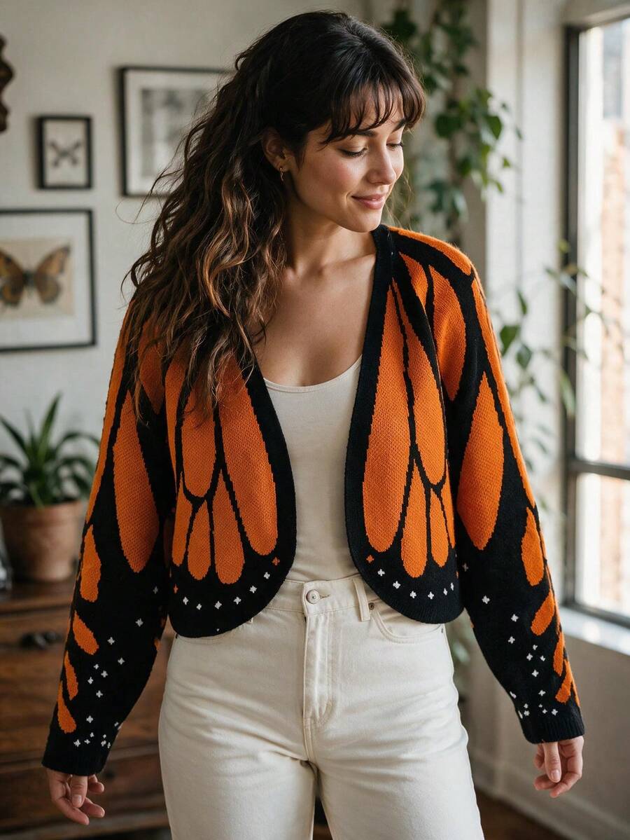 Women's Colorblock Butterfly Wing Pattern Knit Cardigan, Cute Scalloped Edge Floral Pattern Knit Top, Suitable For Vacation Wear - Orange - View 1