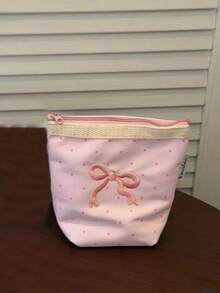 日韓風小眾設計 Ins 風波點刺繡蝴蝶結美學收納包，手提即拍相機小包，女款學生化妝包，CCD 便攜式衛生棉收納包，手拿包 - 粉色 - 查看 4