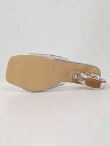 Silver Sequin Open‑Toe Mules For Women, Unique Circular Hollow Heel Square Toe Slide Sandals, Party Banquet Heeled Slippers - Silver - View 9