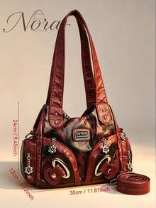 Y2K Millennium Style Leopard Print Patchwork Women's Bag, Vintage Distressed Multi-Pocket Tote Bag With Metal Decoration, Large Capacity Shoulder And Crossbody Bag - Burgundy - View 2
