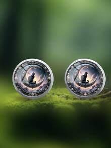 YUJUGLOW 1 Pair Dark Fantasy Crescent Moon Black Cat Pattern 316 Stainless Steel Round Stud Earrings Suitable For Women's Daily Wear - Purple - View 2