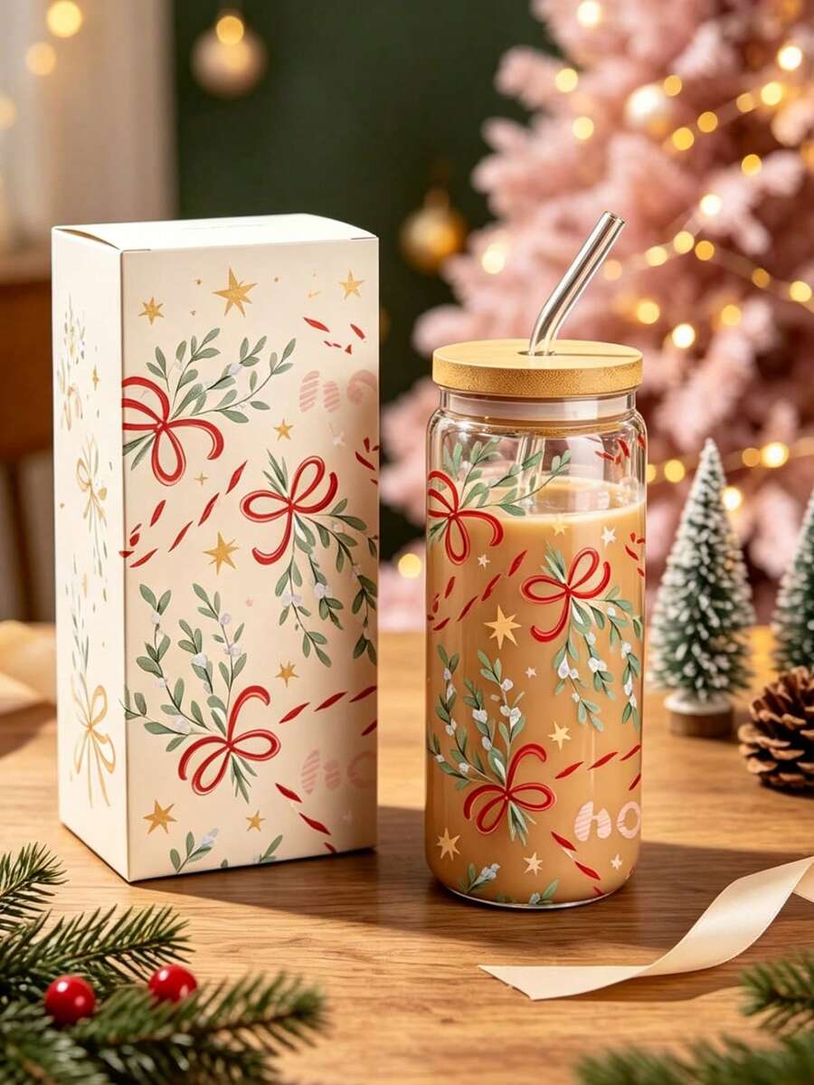 Christmas 1pc/5pcs 16oz Clear Glass Cup With Red Bow And Leaf Christmas Pattern, Bamboo Lid And Glass Straw, Crystal Clear Texture, Suitable For Daily Use And Holiday Parties - Multi-color - Christmas Ribbon - View 1