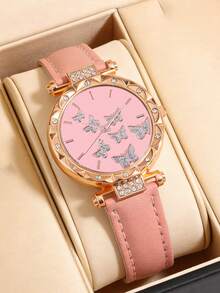 6pcs/Set Pink Butterfly Decor Cute Girls Watch Set, Daily - Pink - View 2