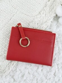 Women's Multifunctional Short Wallet With Zipper, Foldable Buckle Credit Card Storage Bag, Small Wristband Circle Decoration, Suitable For Outdoor Use - Red - View 4