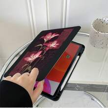 1pc Black Cover Vintage Deep Red Background Pink Lily Old Manuscript Text Print Tablet Protective Case, Compatible With IPad Air 6/5/4 &10 (10.9 Inch) - Compatible With IPad Pro 2024, Air M3/A16 2025, Compatible With Samsung Galaxy Tab S9 FE/S8 Plus/S7/S10, Compatible With OPPO Pad, Compatible With Huawei MatePad, Compatible With Vivo Pad, Compatible With Honor Pad, Compatible With Xiaoxin Pad - Multicolor - View 5