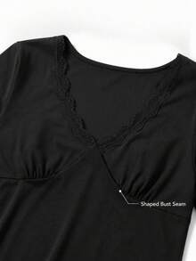 Women's Elegant Deep V-Neck Short Top, 3/4 Flare Sleeves, Fitted Ruched Waist, Basic T-Shirt Suitable For Casual Daily Wear - Black - View 5