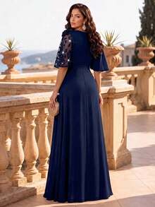 SHEIN Lady CURVE Plus Size Women V-Neck Short Sleeve Elegant Maxi Dress Fall - Royal Blue - View 2