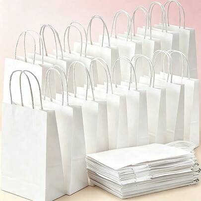 12/24 piezas Bolsas de regalo de papel blanco con asas, decoración romántica para fiestas, bodas y días festivos, plegables y reutilizables, versátiles para embalaje, al por mayor, cumpleaños, bodas, fiestas, compras y al por menor, así como para ocasiones de Navidad y Halloween.
